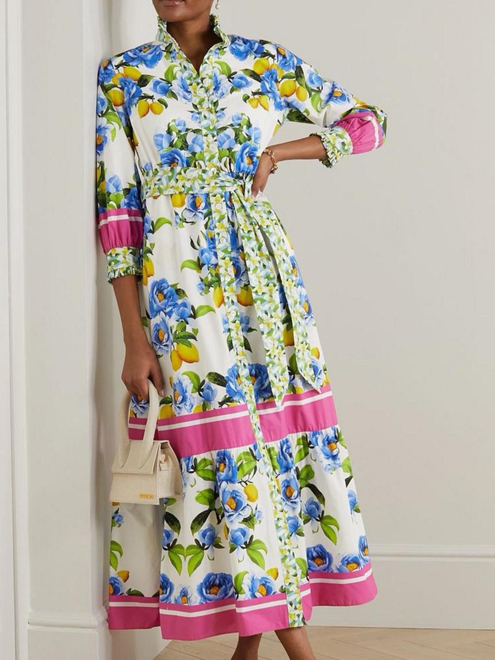 Borgo De Nor White Maxi Dress with Blue Floral & Pink Trim